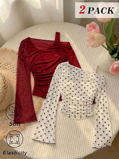 SHEIN MOD تي شيرت نسائي قطعتان بلون أحمر داكن موحد ونقاط بولكا، كتف غير متماثل، شبكي، مثير، للعودة إلى المدرسة والسهرات والمهرجانات والريف والخريف