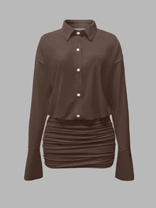 TaskSense 2025 Women's Fashionable Solid Color Front Button Long Sleeve Mini Dress - Rust Brown - View 4