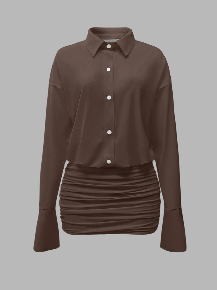 TaskSense 2025 Women's Fashionable Solid Color Front Button Long Sleeve Mini Dress - Rust Brown - View 4