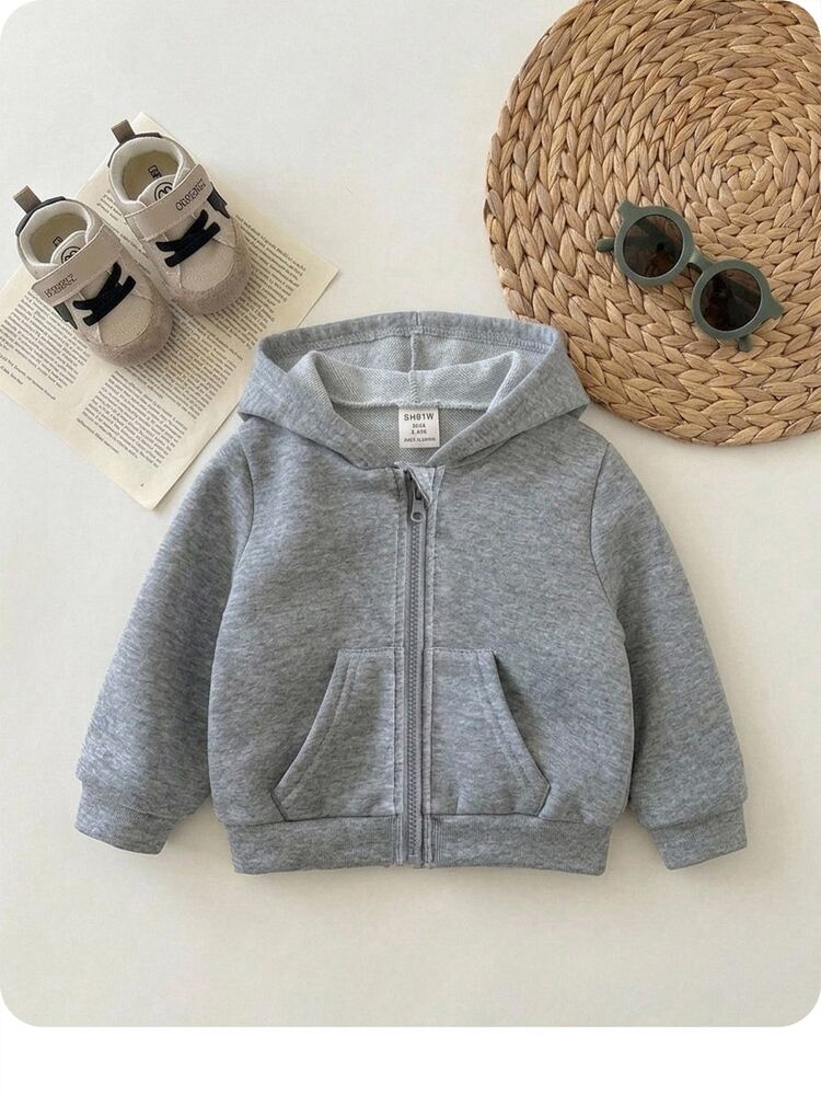 SHEIN [قطعة عشوائية واحدة] سويت شيرت كاجوال محتشم بقلنسوة وسحاب للأطفال الرضع للبنات والأولاد، لون سادة، أكمام طويلة، مناسب للعطلات وعيد الميلاد الأول، للخريف والشتاء - رمادي فاتح - مشاهدة 5