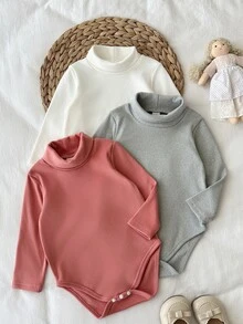 SHEIN 3件組女嬰高領連身衣，甜美白色珊瑚色素面羅紋長袖修身基礎打底衫，適合春季戶外穿著 - 彩色 - 查看 7