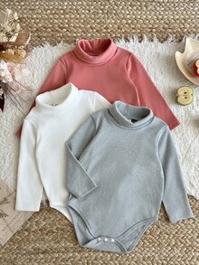 SHEIN 3件組女嬰高領連身衣，甜美白色珊瑚色素面羅紋長袖修身基礎打底衫，適合春季戶外穿著 - 彩色 - 查看 3