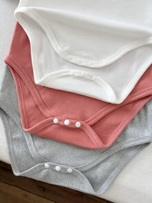 SHEIN 3件組女嬰高領連身衣，甜美白色珊瑚色素面羅紋長袖修身基礎打底衫，適合春季戶外穿著 - 彩色 - 查看 11
