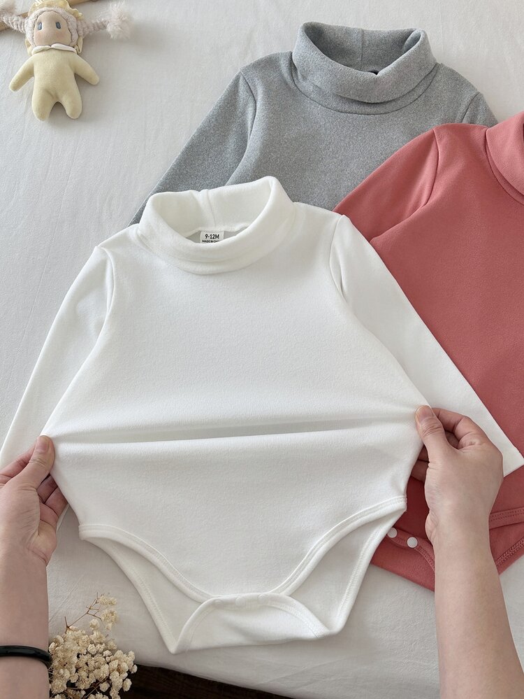 SHEIN 3pcs Baby Girls Turtleneck Bodysuit Sweet White Coral Solid Plain Ribbed Long Sleeve High Neck Regular Outdoor Spring Essential Base Layering Slim Fit - Multicolor - View 8