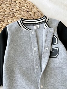 1pc Baby Boy Toddler Baseball Romper Jumpsuit Preppy Grey Black Letter Patch Striped Ribbed Trim Long Sleeve Rib Neck Outdoor Spring Autumn Varsity - Multicolor - View 13