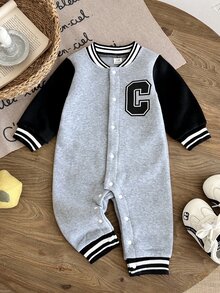 1pc Baby Boy Toddler Baseball Romper Jumpsuit Preppy Grey Black Letter Patch Striped Ribbed Trim Long Sleeve Rib Neck Outdoor Spring Autumn Varsity - Multicolor - View 8