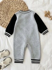 1pc Baby Boy Toddler Baseball Romper Jumpsuit Preppy Grey Black Letter Patch Striped Ribbed Trim Long Sleeve Rib Neck Outdoor Spring Autumn Varsity - Multicolor - View 2