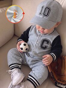 1pc Baby Boy Toddler Baseball Romper Jumpsuit Preppy Grey Black Letter Patch Striped Ribbed Trim Long Sleeve Rib Neck Outdoor Spring Autumn Varsity - Multicolor - View 5