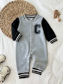 1pc Baby Boy Toddler Baseball Romper Jumpsuit Preppy Grey Black Letter Patch Striped Ribbed Trim Long Sleeve Rib Neck Outdoor Spring Autumn Varsity - Multicolor - View 14