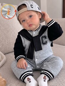 1pc Baby Boy Toddler Baseball Romper Jumpsuit Preppy Grey Black Letter Patch Striped Ribbed Trim Long Sleeve Rib Neck Outdoor Spring Autumn Varsity - Multicolor - View 1