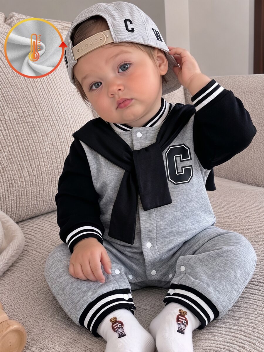 1pc Baby Boy Toddler Baseball Romper Jumpsuit Preppy Grey Black Letter Patch Striped Ribbed Trim Long Sleeve Rib Neck Outdoor Spring Autumn Varsity - Multicolor - View 1