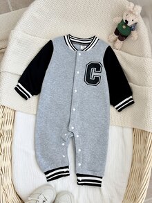 1pc Baby Boy Toddler Baseball Romper Jumpsuit Preppy Grey Black Letter Patch Striped Ribbed Trim Long Sleeve Rib Neck Outdoor Spring Autumn Varsity - Multicolor - View 7