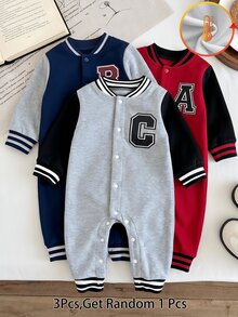 1pc Baby Boy Toddler Baseball Romper Jumpsuit Preppy Grey Black Letter Patch Striped Ribbed Trim Long Sleeve Rib Neck Outdoor Spring Autumn Varsity - Multicolor - View 4