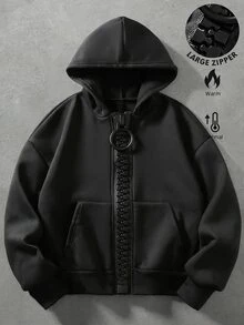 ROMWE MEN Street Life Men's Solid Color Long Sleeve Zip-Up Loose Fit Pocket Hoodie - Black - View 1