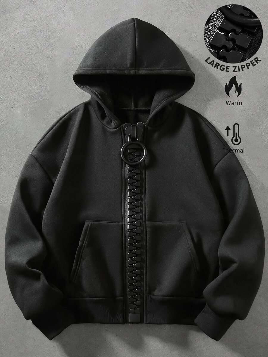 ROMWE MEN Street Life Men's Solid Color Long Sleeve Zip-Up Loose Fit Pocket Hoodie - Black - View 1