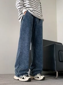 Manfinity Hypemode 男式浅蓝色破洞阔腿针织牛仔裤 - 淺色水洗藍 - 查看 4