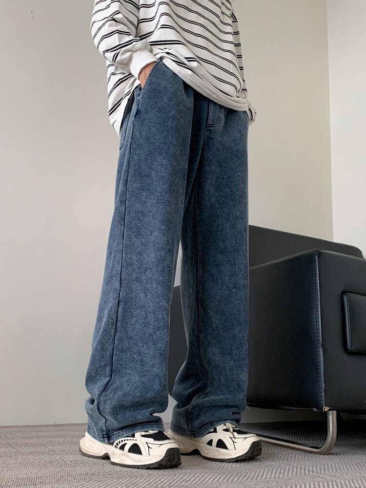 Manfinity Hypemode Men's Light Blue Distressed Wide Leg Denim Knit Jeans - Light Wash - View 4