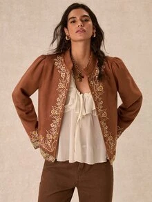 Easelle 女款花卉印花休閒百搭日常外出外套，秋季女裝，棕色刺繡亮片鄉村波希米亞風 - 棕色 - 查看 5