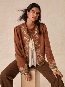 Easelle 女款花卉印花休閒百搭日常外出外套，秋季女裝，棕色刺繡亮片鄉村波希米亞風 - 棕色 - 查看 3