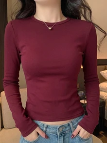 DAZY 女款純色圓領長袖修身休閒T恤 日常穿搭 酒紅色 冬季聖誕 白天 - 酒紅色 - 查看 7