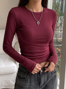 DAZY 女款純色圓領長袖修身休閒T恤 日常穿搭 酒紅色 冬季聖誕 白天 - 酒紅色 - 查看 5