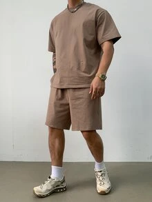 DAZY Men's Summer Solid Brown Regular T-Shirt & Shorts Set, Cozy Outfits - Brown - View 5