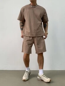 DAZY Men's Summer Solid Brown Regular T-Shirt & Shorts Set, Cozy Outfits - Brown - View 4