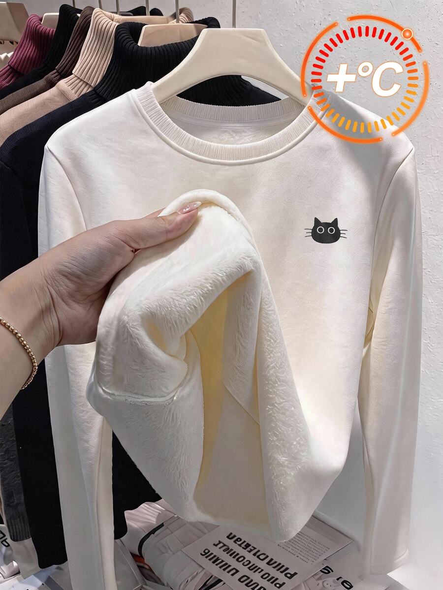 SHEIN Tween女孩秋冬白色圓領保暖內裡貓咪印花打底上衣休閒百搭日常款 - 白色 - 查看 1