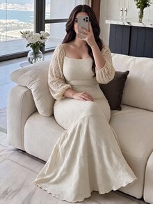 Modelyn Plus Size Women's Cream Mermaid Maxi Dress, Square Neck Lantern Lace Sleeve Textured Fishtail Dress, Elegant Classy Dress For Wedding Guest Christmas - Apricot - View 9