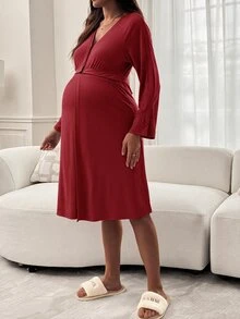Slowluna 孕婦純色哺乳洋裝，開衩設計 - 紅色 - 查看 9