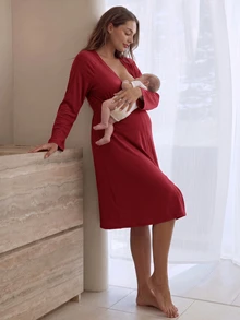 Slowluna 孕婦純色哺乳洋裝，開衩設計 - 紅色 - 查看 3