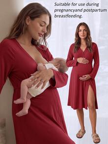 Slowluna 孕婦純色哺乳洋裝，開衩設計 - 紅色 - 查看 4