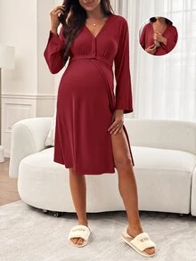 Slowluna 孕婦純色哺乳洋裝，開衩設計 - 紅色 - 查看 7