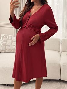 Slowluna 孕婦純色哺乳洋裝，開衩設計 - 紅色 - 查看 5