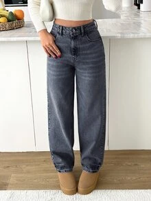 SHEIN Cottnline جينز نسائي عادي بخصر عالي وساق مستقيمة - رمادي غامق - مشاهدة 7
