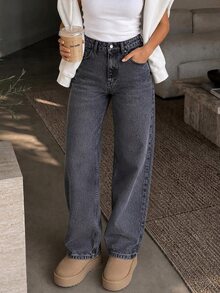 SHEIN Cottnline جينز نسائي عادي بخصر عالي وساق مستقيمة - رمادي غامق - مشاهدة 1