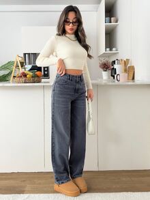 SHEIN Cottnline جينز نسائي عادي بخصر عالي وساق مستقيمة - رمادي غامق - مشاهدة 5