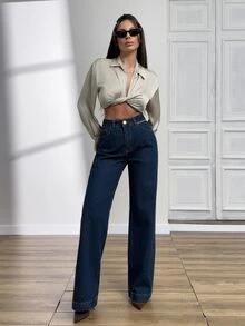 cottnline بنطلون جينز بخصر عالي مستقيم الخطوط بتصميم كاجوال - أزرق متوسط - مشاهدة 6