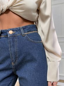 cottnline بنطلون جينز بخصر عالي مستقيم الخطوط بتصميم كاجوال - أزرق متوسط - مشاهدة 8