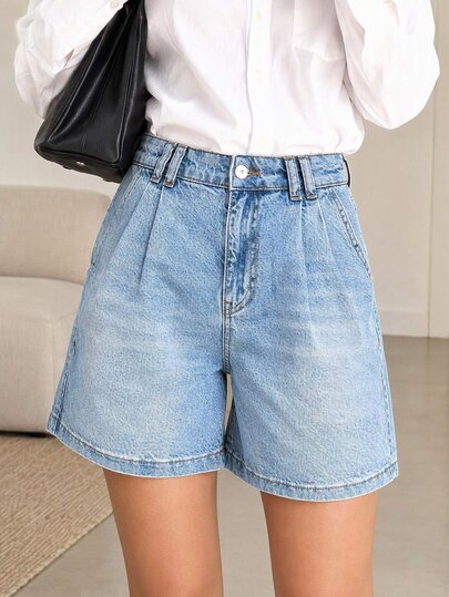 SHEIN Cottnline 100%Cotton HIGH WAIST PENS DETAILED STRAIGHT CUT SHORT