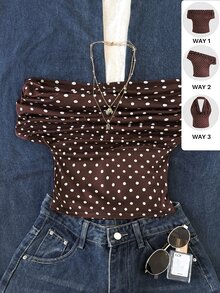 SHEIN Tween Girl Casual Minimalist Comfortable One-Shoulder Polka Dot Pattern T-Shirt Tween Girl - Khaki - View 1
