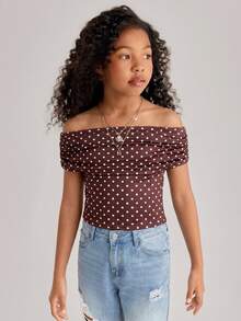 SHEIN Tween Girl Casual Minimalist Comfortable One-Shoulder Polka Dot Pattern T-Shirt Tween Girl - Khaki - View 5