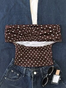 SHEIN Tween Girl Casual Minimalist Comfortable One-Shoulder Polka Dot Pattern T-Shirt Tween Girl - Khaki - View 3