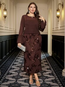 SHEIN Clasi 大尺碼刺繡細肩帶洋裝搭配網紗上衣 2件套 派對晚餐正式雞尾酒會 棕色優雅聖誕巧克力棕秋季 - 棕色 - 查看 5