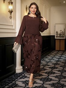 SHEIN Clasi 大尺碼刺繡細肩帶洋裝搭配網紗上衣 2件套 派對晚餐正式雞尾酒會 棕色優雅聖誕巧克力棕秋季 - 棕色 - 查看 7