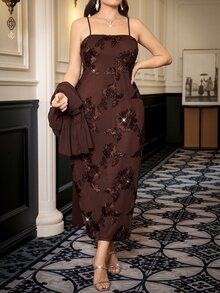 SHEIN Clasi 大尺碼刺繡細肩帶洋裝搭配網紗上衣 2件套 派對晚餐正式雞尾酒會 棕色優雅聖誕巧克力棕秋季 - 棕色 - 查看 3