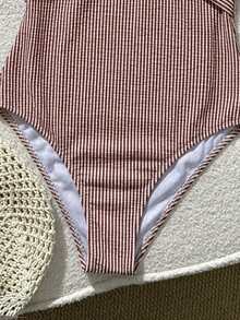 SHEIN Swim 1pc Striped Special Fabric Criss-Cross Front One-Piece Swimsuit - Coffee Brown - View 5