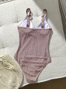 SHEIN Swim 1pc Striped Special Fabric Criss-Cross Front One-Piece Swimsuit - Coffee Brown - View 4