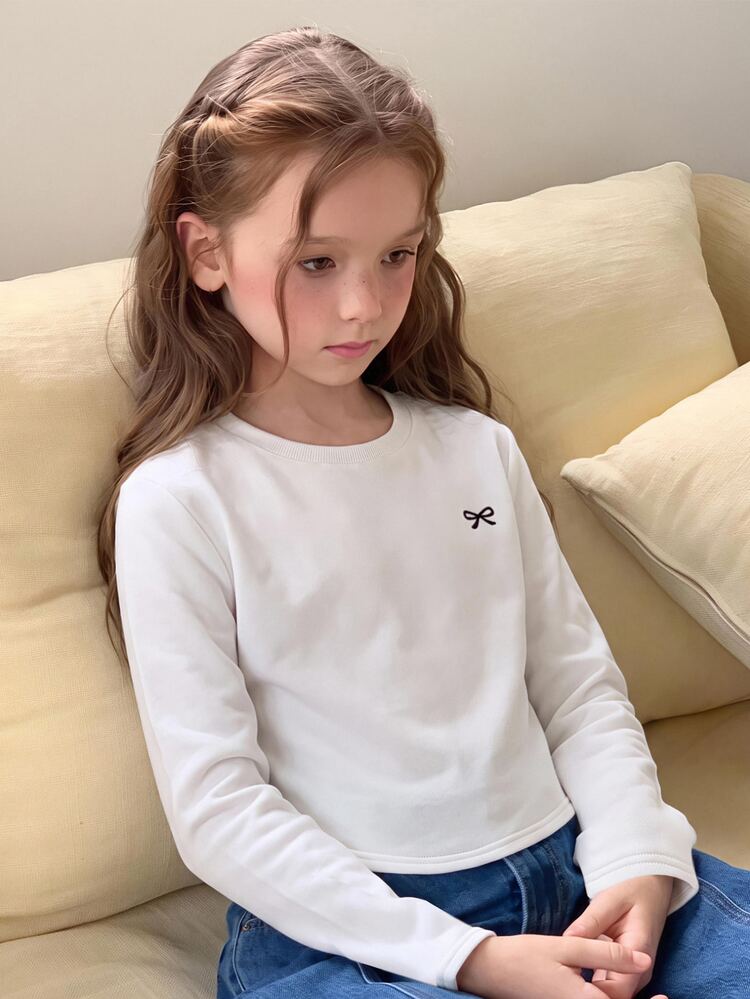 SHEIN Tween Girls Tween Girl Kids Autumn/Winter White Thermal Lined Bow Print Base Layer Casual Versatile Daily Wear Tween Girl - White - View 2