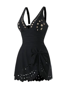 SHEIN Swim Mature Solid Color Cutout Skirt One-Piece Swimsuit - Black - View 6